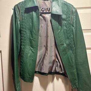 Etam Genuine Leather Green Moto Jacket Quilted Zip Detail Size M